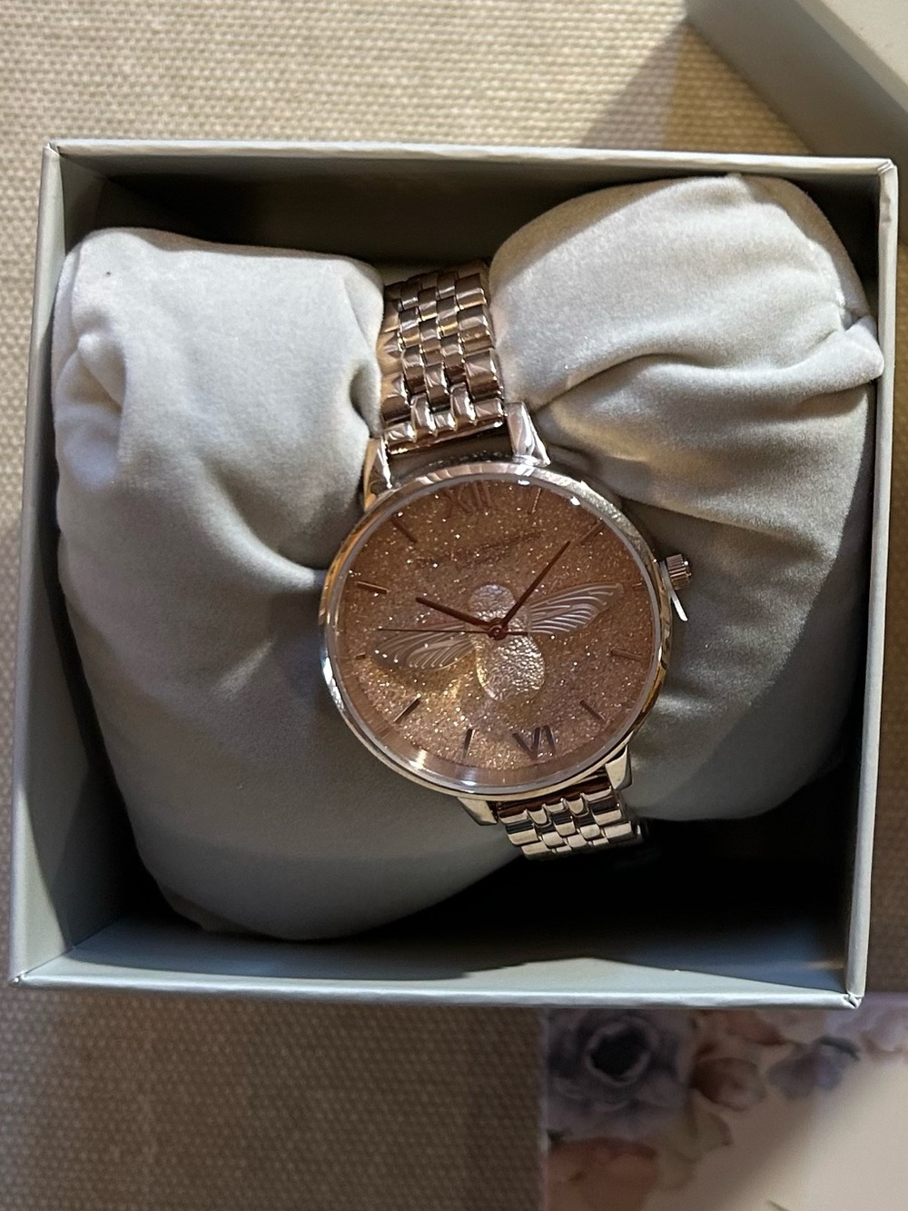 Olivia Burton Watch With 34mm RoseGold Glittery Face with RoseGold 3DBee